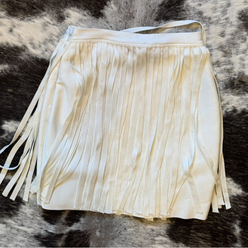 Herve Leger Fringe White Mini Skirt
